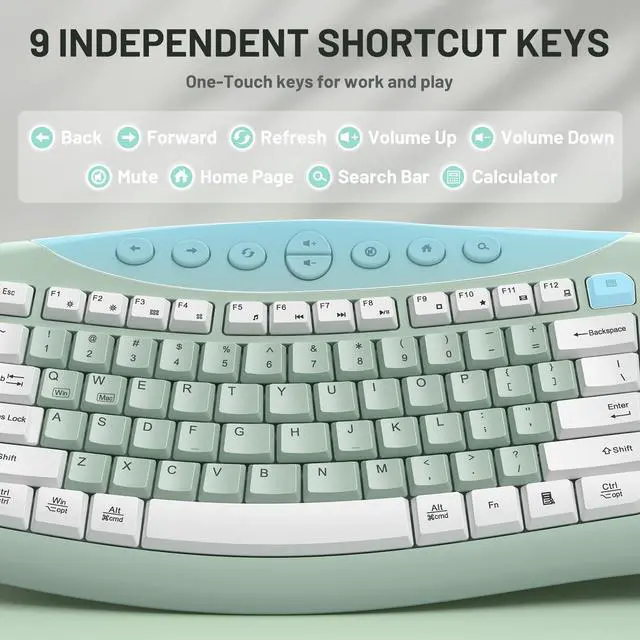 Alt view image 6 of 7 - Wireless Keyboard and Mouse Combo,2.4G Full Size Ergonomic Curved Silent Keyboard with Fn Multimedia Keys for Office and Home, 3-DPI Quiet Mouse for Windows,Mac OS Desktop/Laptop/PC(Avocado Green-A)
