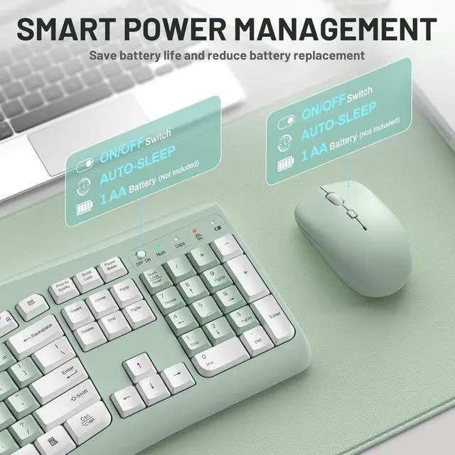 Alt view image 7 of 7 - Wireless Keyboard and Mouse Combo,2.4G Full Size Ergonomic Curved Silent Keyboard with Fn Multimedia Keys for Office and Home, 3-DPI Quiet Mouse for Windows,Mac OS Desktop/Laptop/PC(Avocado Green-A)