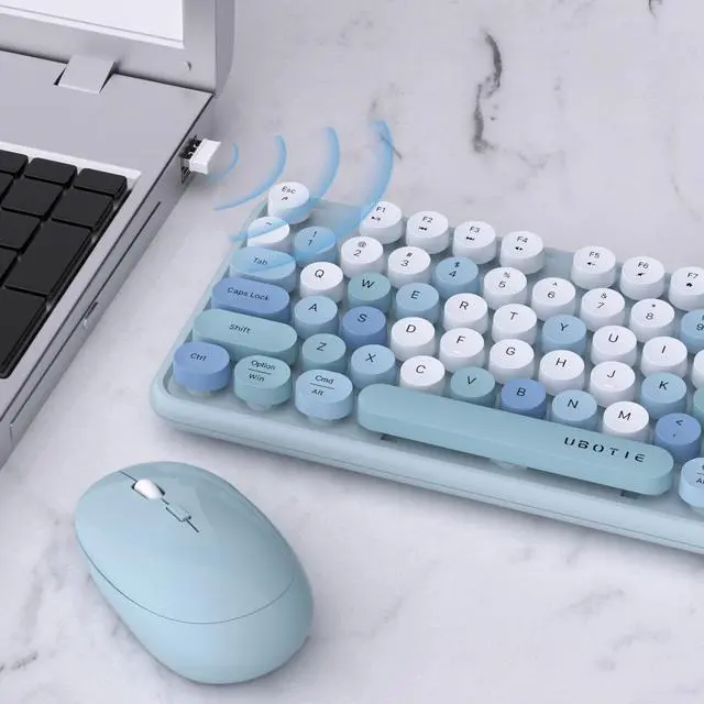Alt view image 4 of 7 - Colorful Wireless Keyboard and Mouse Combos, Retro Typewriter Floating Flexible Full-Sized Keys Computer Keyboard with Optical Mouse, 2.4GHz USB-A Connection for Windows Mac (Blue-Colorful)