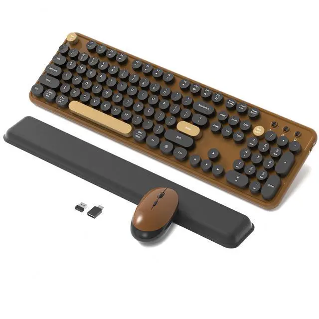 Main image of Retro Wireless Keyboard and Mouse Combo with Wrist Rest - Aesthetic Typewriter Style, Full-Size Clicky Tactile Floating Round Keys, 2.4GHz Ergonomic Set for Mac, Windows(Coffee Color)
