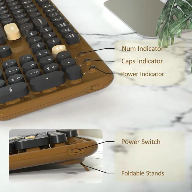 Alt view image 4 of 6 - Retro Wireless Keyboard and Mouse Combo with Wrist Rest - Aesthetic Typewriter Style, Full-Size Clicky Tactile Floating Round Keys, 2.4GHz Ergonomic Set for Mac, Windows(Coffee Color)