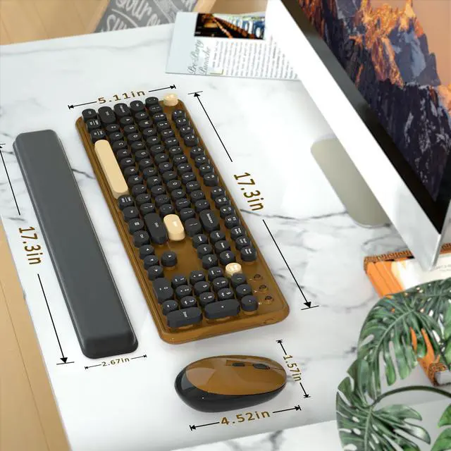 Alt view image 6 of 6 - Retro Wireless Keyboard and Mouse Combo with Wrist Rest - Aesthetic Typewriter Style, Full-Size Clicky Tactile Floating Round Keys, 2.4GHz Ergonomic Set for Mac, Windows(Coffee Color)