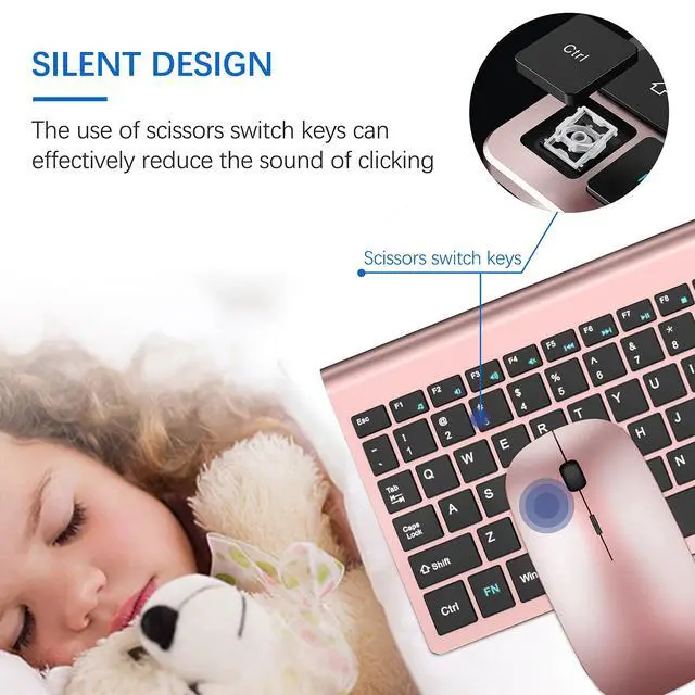 Alt view image 2 of 6 - Wireless Keyboard and Mouse Ultra Slim Combo, 2.4G Silent Compact USB 2400DPI Mouse and Scissor Switch Keyboard Set with Cover, Batteries Included, for PC/Laptop/Windows/Mac - Rose Gold Black