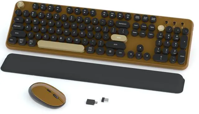 Main image of Retro Wireless Keyboard and Mouse Combo, 104-Key Full-Size Floating Round Keycaps, 2.4G Plug & Play, USB & Type-C Ready, Ergonomic Set for Mac, Laptop, PC, Windows (Coffee-Black)