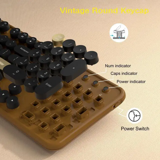 Alt view image 5 of 6 - Retro Wireless Keyboard and Mouse Combo, 104-Key Full-Size Floating Round Keycaps, 2.4G Plug & Play, USB & Type-C Ready, Ergonomic Set for Mac, Laptop, PC, Windows (Coffee-Black)