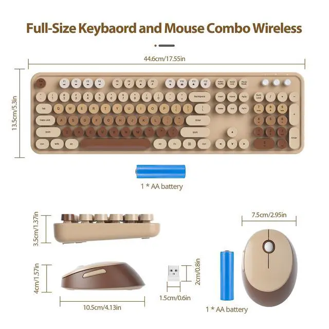 Alt view image 3 of 7 - Wireless Keyboard and Mouse Combo, Retro Typewriter Full-Size Keyboard with Number Pad and Cute Mouse, Gradient Colorful Computer Keyboard for Windows PC Desktops Laptop