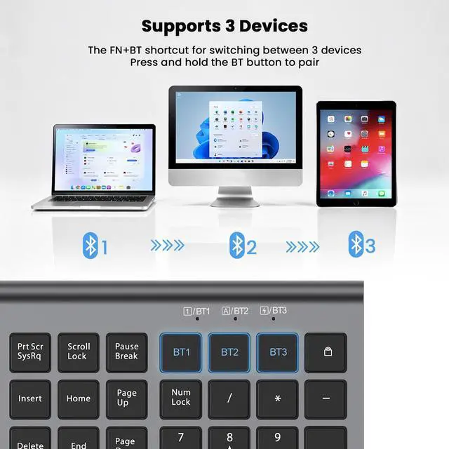 Alt view image 2 of 7 - Rechargeable Wireless Bluetooth Keyboard and Mouse Combo, Full Size Silent Ergonomic Scissor Switch Keyboard and Optical Mouse Set, 2.4G Lag-Free Cordless Keyboard Mice for Computer,Mac,Laptop,PC-Grey