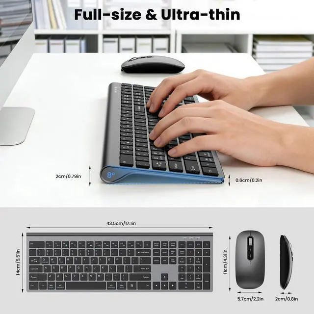 Alt view image 5 of 7 - Rechargeable Wireless Bluetooth Keyboard and Mouse Combo, Full Size Silent Ergonomic Scissor Switch Keyboard and Optical Mouse Set, 2.4G Lag-Free Cordless Keyboard Mice for Computer,Mac,Laptop,PC-Grey