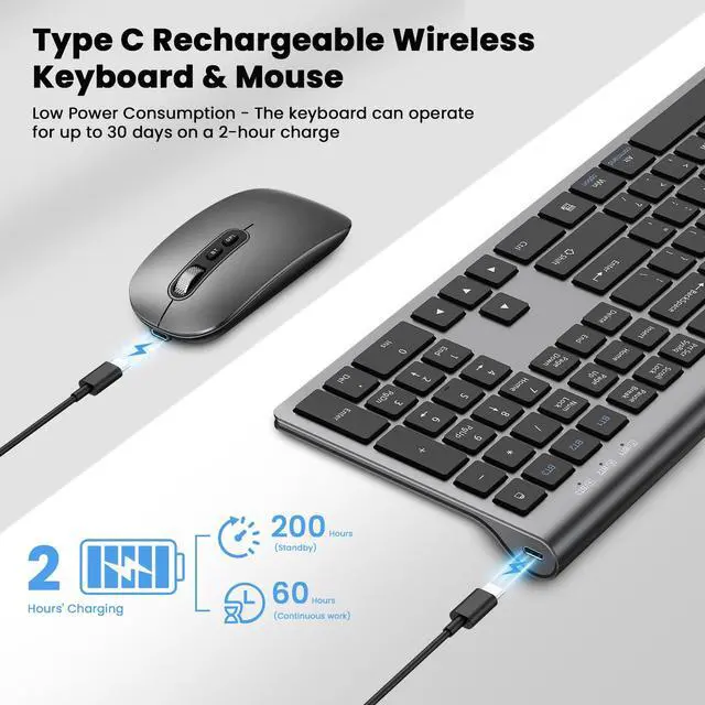 Alt view image 3 of 7 - Rechargeable Wireless Bluetooth Keyboard and Mouse Combo, Full Size Silent Ergonomic Scissor Switch Keyboard and Optical Mouse Set, 2.4G Lag-Free Cordless Keyboard Mice for Computer,Mac,Laptop,PC-Grey