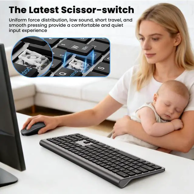 Alt view image 6 of 7 - Rechargeable Wireless Bluetooth Keyboard and Mouse Combo, Full Size Silent Ergonomic Scissor Switch Keyboard and Optical Mouse Set, 2.4G Lag-Free Cordless Keyboard Mice for Computer,Mac,Laptop,PC-Grey