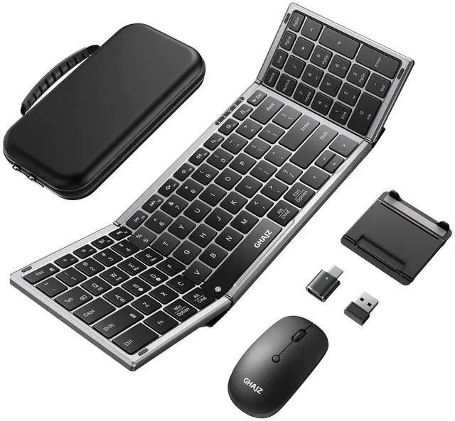 Main image of Portable Foldable Keyboard and Mouse Combo, Bluetooth×2+USB A+USB C(4 in 1) Connection, Keyboard Lock, Full Size Folding Wireless Rechargeable Silent Design for Travel/Home/Office-Black Gray