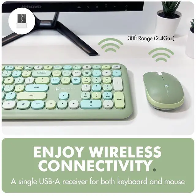 Alt view image 3 of 7 - Green Wireless Keyboard and Mouse Combo 2.4G and Bluetooth Connectivity, Retro Typewriter-Style Wireless Keyboard and Mouse Set, Colorful Bubble Keyboard for Aesthetic Workspaces