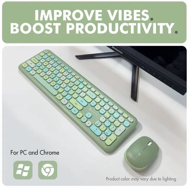 Alt view image 2 of 7 - Green Wireless Keyboard and Mouse Combo 2.4G and Bluetooth Connectivity, Retro Typewriter-Style Wireless Keyboard and Mouse Set, Colorful Bubble Keyboard for Aesthetic Workspaces