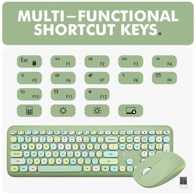 Alt view image 6 of 7 - Green Wireless Keyboard and Mouse Combo 2.4G and Bluetooth Connectivity, Retro Typewriter-Style Wireless Keyboard and Mouse Set, Colorful Bubble Keyboard for Aesthetic Workspaces