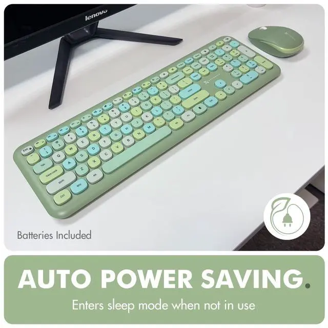 Alt view image 5 of 7 - Green Wireless Keyboard and Mouse Combo 2.4G and Bluetooth Connectivity, Retro Typewriter-Style Wireless Keyboard and Mouse Set, Colorful Bubble Keyboard for Aesthetic Workspaces