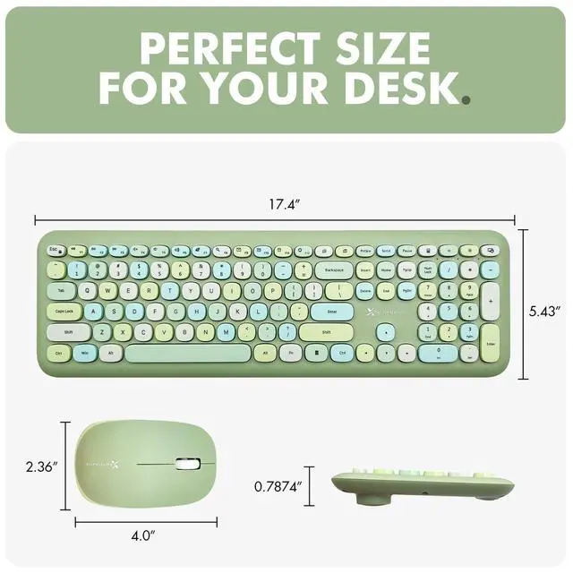 Alt view image 7 of 7 - Green Wireless Keyboard and Mouse Combo 2.4G and Bluetooth Connectivity, Retro Typewriter-Style Wireless Keyboard and Mouse Set, Colorful Bubble Keyboard for Aesthetic Workspaces