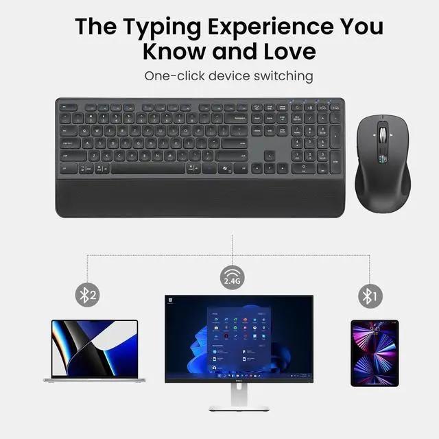 Alt view image 3 of 7 - Wireless Keyboard and Mouse with Wrist Rest, Full Size Multi Device Keyboard and Mouse Combo, Bluetooth Keyboard and Mouse Combo for Laptop PC Mac, Work Keyboard and Mouse