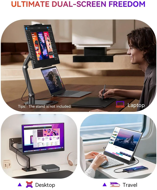 Alt view image 7 of 7 - Portable Monitor, 15.6" 125% sRGB Ultra-Slim IPS Display 1080P, USB-C & HDMI, Plug & Play, Built-In Stand, Dual Speakers, Portable Gaming Screen for Laptop & Console
