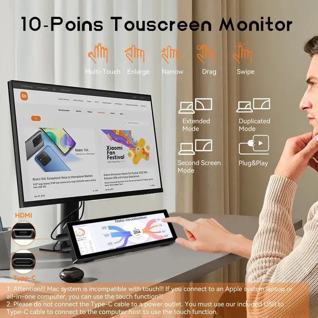 Alt view image 2 of 6 - Mini Monitor for PC, Upgraded 8.8 Inch Small Touchscreen Monitor 1920x480 Stretched Bar Monitor, Sensor Panel Temperature LCD Display, IPS USB Mini Screen for RPi, AIDA64 ARGB Computer Case
