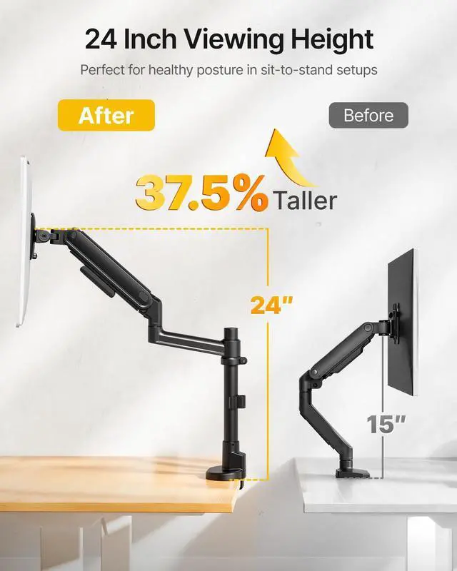 Alt view image 2 of 7 - Single Monitor Arm with Pole, Aluminum Heavy-Duty Height Adjustable Desk Stand for 1740 Ultrawide Computer Screens,Full Motions Arm Mechanical Spring Holds Up to 26.4lbs, VESA 75/100,Black