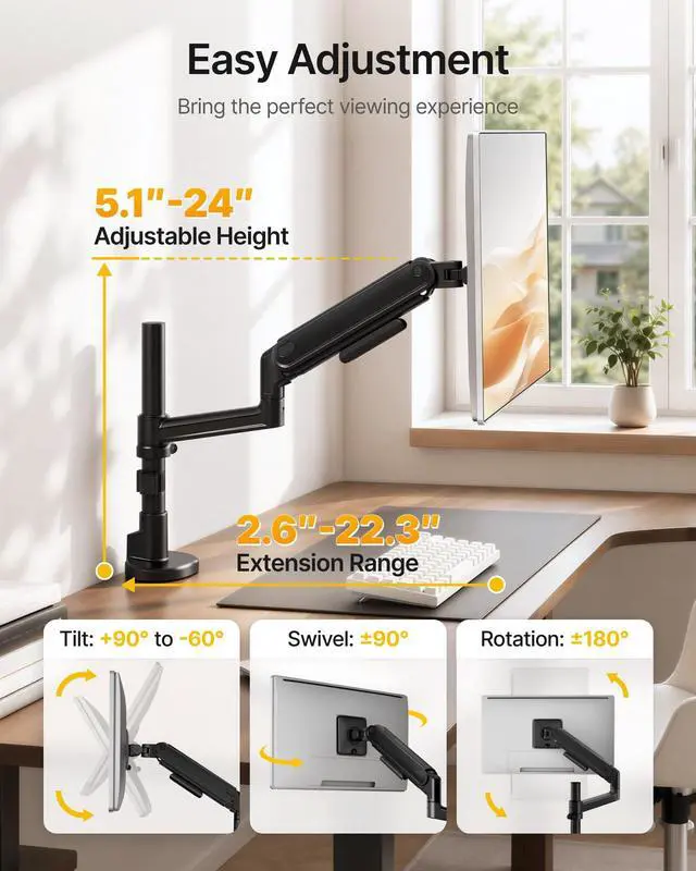 Alt view image 5 of 7 - Single Monitor Arm with Pole, Aluminum Heavy-Duty Height Adjustable Desk Stand for 1740 Ultrawide Computer Screens,Full Motions Arm Mechanical Spring Holds Up to 26.4lbs, VESA 75/100,Black