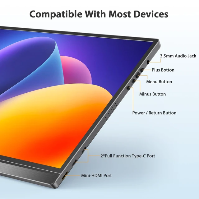 Alt view image 3 of 7 - Portable Monitor, 15.6" FHD 1080P USB C HDMI Travel Monitor for Laptop Plug & Play Ultra Slim Alloy Second External Monitor for Laptop PC Phone Mac, Built-in Speaker with Smart Cover
