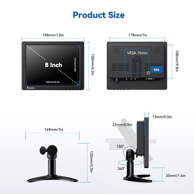 Alt view image 6 of 7 - 8 Inch Small Monitor, 1024x768 4:3 IPS Mini Security Camera Monitor HDMI VGA AV BNC Input, Built-in Speaker, Remote Control, Video Monitors for Retro Computer PC NVR CCTV Raspbery Pi