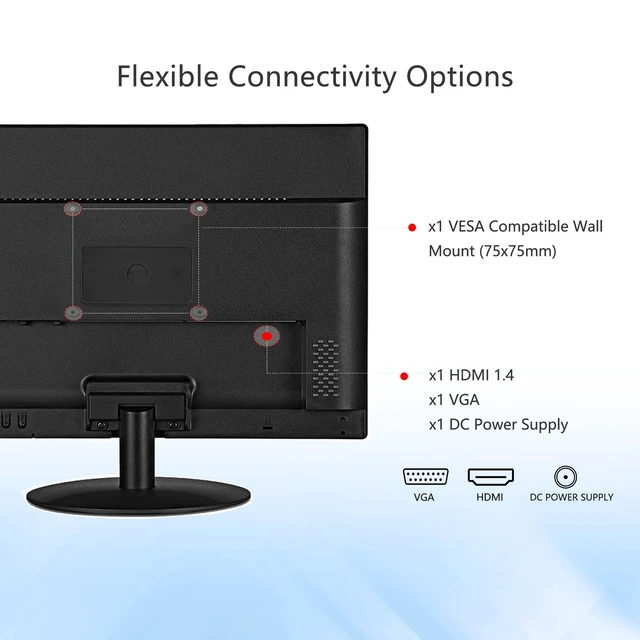 Alt view image 5 of 7 - 17 inch PC Monitor LED Monitor 1440x900, 75HZ, 5Ms, 16:10, Viewing Angle 95°(Horizontal),TN Panel, VESA Wall Mountable, VGA & HDMI Port, Black