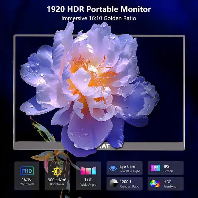 Alt view image 2 of 4 - Portable Monitor 16" 1920x1200P 16:10 IPS Travel Monitor for Laptop with Built-in Stand, 100% sRGB Control USB-C HDMI,HDR Freesync Display, Plug&Play for Phone PS5 Switch(Black)