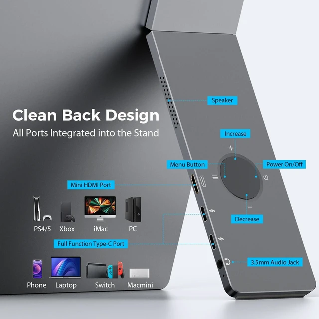 Alt view image 3 of 7 - Portable Monitor for Laptop, Travel Monitor with Stand Support Two Mode 15.6'' Laptop Screen Extender Ultra Slim, Laptop Display w/Dual Speakers, Travel Screen Extender for PC Phone Xbox PS Switch