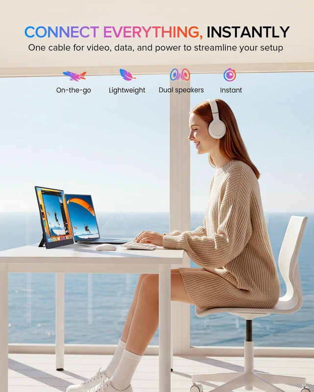 Alt view image 2 of 7 - Portable Monitor 15.6", 125% sRGB 1080P IPS Laptop Monitor 350 Nits, 2000:1 Contrast, USB-C & MINI HDMI, VESA & Case, Ultra-Slim Travel Second Screen for Computer, Game Consoles