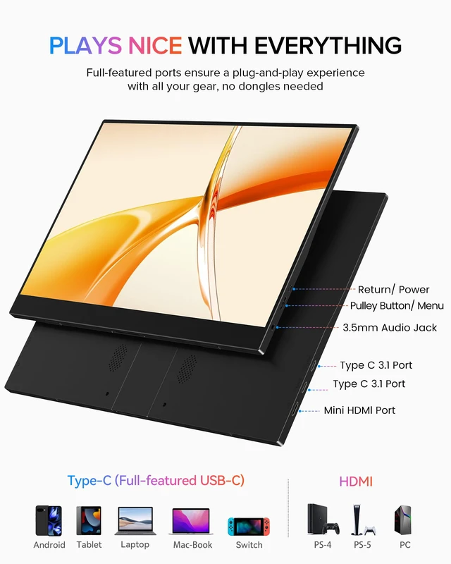 Alt view image 5 of 7 - Portable Monitor 15.6", 125% sRGB 1080P IPS Laptop Monitor 350 Nits, 2000:1 Contrast, USB-C & MINI HDMI, VESA & Case, Ultra-Slim Travel Second Screen for Computer, Game Consoles