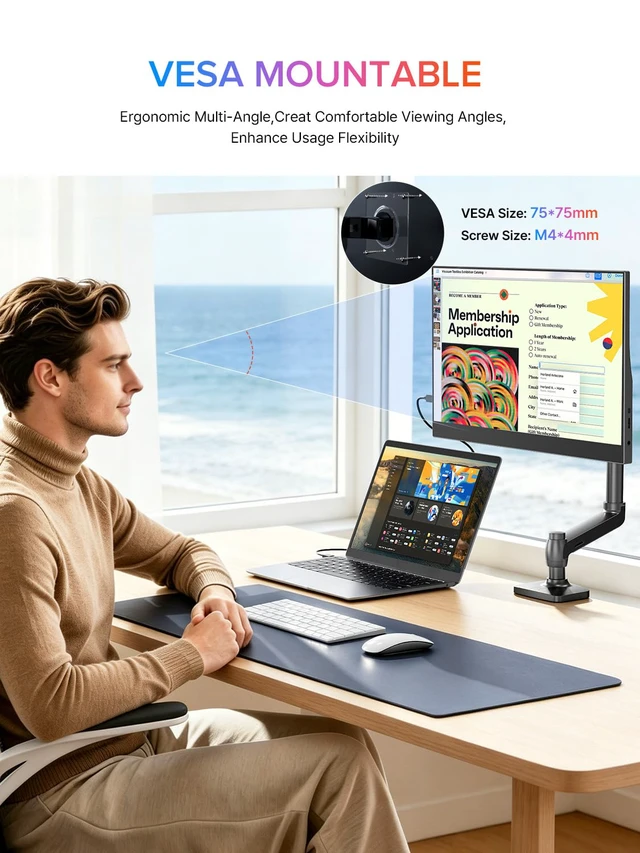 Alt view image 3 of 7 - Portable Monitor 15.6", 125% sRGB 1080P IPS Laptop Monitor 350 Nits, 2000:1 Contrast, USB-C & MINI HDMI, VESA & Case, Ultra-Slim Travel Second Screen for Computer, Game Consoles