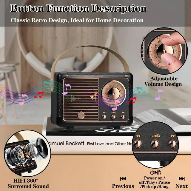 Alt view image 4 of 6 - Retro Bluetooth Speaker, Vintage Decor, Wireless Portable Mini Bluetooth Speaker, Small Cute Old Fashion Style for Kitchen Desk Bedroom Home Office Party Outdoor Gift (Black)