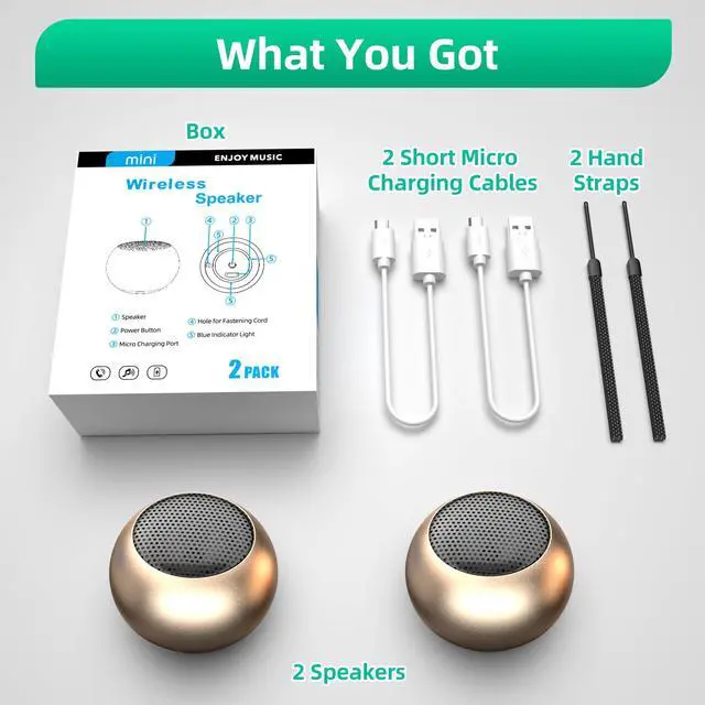 Alt view image 7 of 7 - 2Pack Portable Mini Speakers, Bluetooth Tiny Speakers,Wireless Micro Speaker for Phone/PC/Tablet, Rechargeable Battery, Built-in Microphone, Cute Mini Speaker with Strap to Carry, Gold