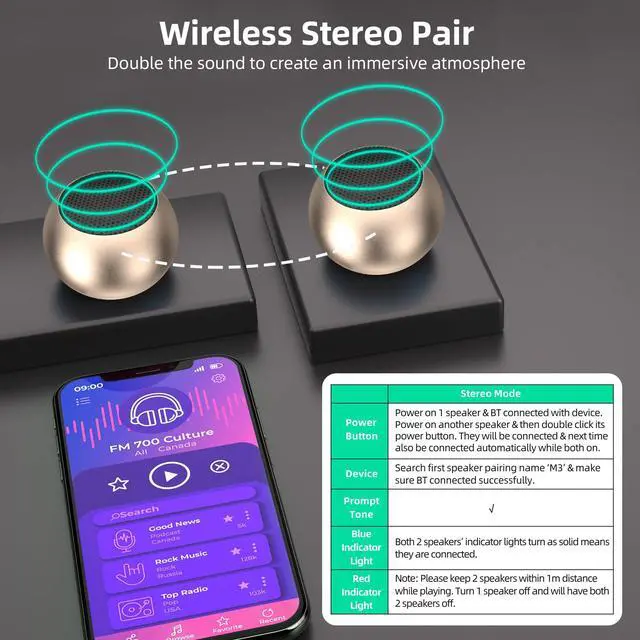 Alt view image 6 of 7 - 2Pack Portable Mini Speakers, Bluetooth Tiny Speakers,Wireless Micro Speaker for Phone/PC/Tablet, Rechargeable Battery, Built-in Microphone, Cute Mini Speaker with Strap to Carry, Gold