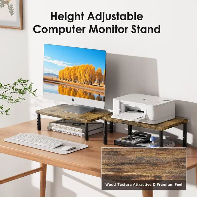 Alt view image 3 of 7 - Adjustable Wood Computer Monitor Stand Riser, Office Desk Organizer and Accessories for Monitor, Laptop, PC, Printer, Office Desk Accessories Workspace Organizer for Home Office Supplies, Brown