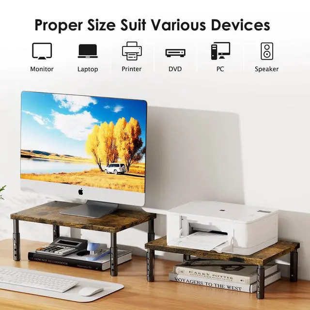 Alt view image 6 of 7 - Adjustable Wood Computer Monitor Stand Riser, Office Desk Organizer and Accessories for Monitor, Laptop, PC, Printer, Office Desk Accessories Workspace Organizer for Home Office Supplies, Brown