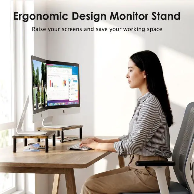 Alt view image 7 of 7 - Adjustable Wood Computer Monitor Stand Riser, Office Desk Organizer and Accessories for Monitor, Laptop, PC, Printer, Office Desk Accessories Workspace Organizer for Home Office Supplies, Brown
