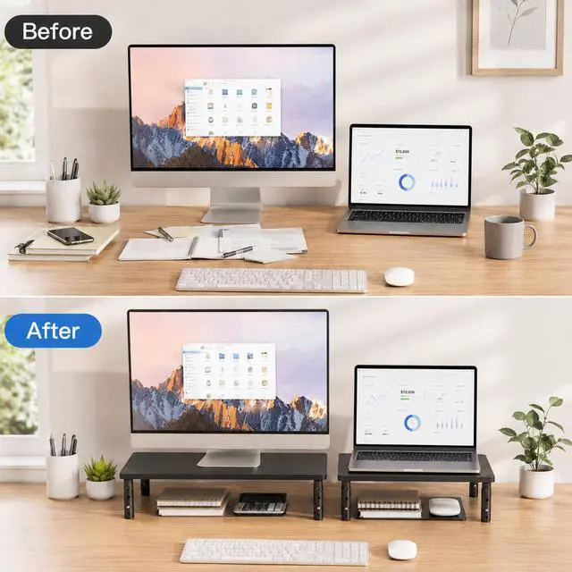 Alt view image 3 of 7 - Desk Organizers and Accessories, Adjustable Computer Monitor Stand Riser, Laptop Stand for Desk, Office Desk Accessories & Workspace Organizers for Home Office, Black Wood