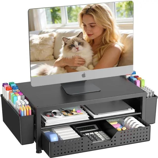 Main image of Desk Organizers and Accessories, Computer Monitor Stand Riser with Drawer and 2 Pen Holders, Printer & Laptop Stand, Office Desk Accessories & Workspace Organizers for Home Office Supplies, Black