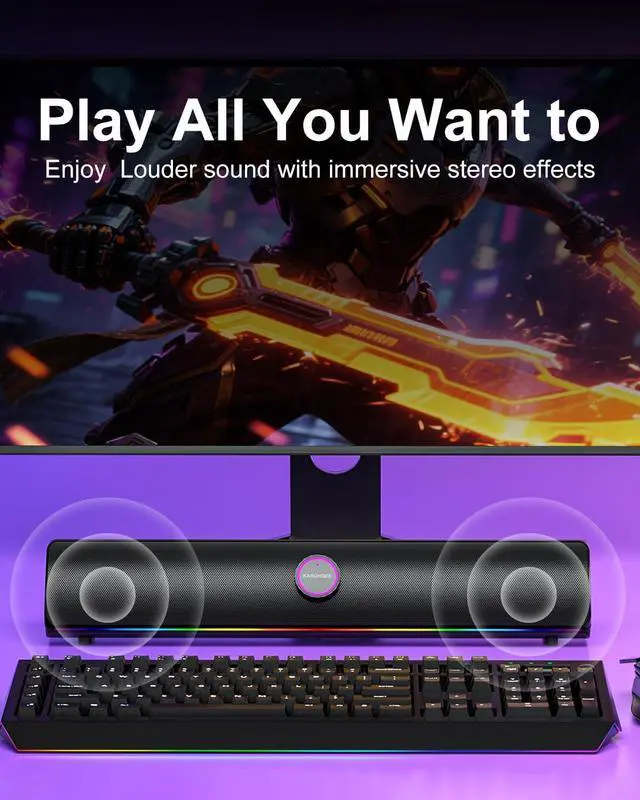 Alt view image 2 of 7 - Computer Speakers for Desktop PC, Bluetooth 5.4 Sound Bar with Bass Boost, RGB Light Modes & Touch Buttons HiFi Stereo USB Speakers for Gaming, Movies, Music, and Home Office