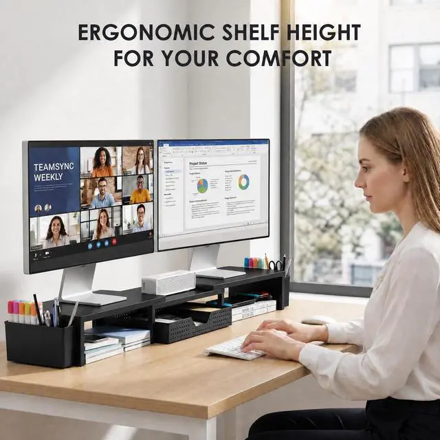 Alt view image 3 of 7 - Desk Organizers and Accessories, Dual Monitor Stand Riser with Drawer and 2 Pen Holders, Desk Shelf Metal Computer Racks for Office Workspace Organizers, Desktop Organization (Black Metal)