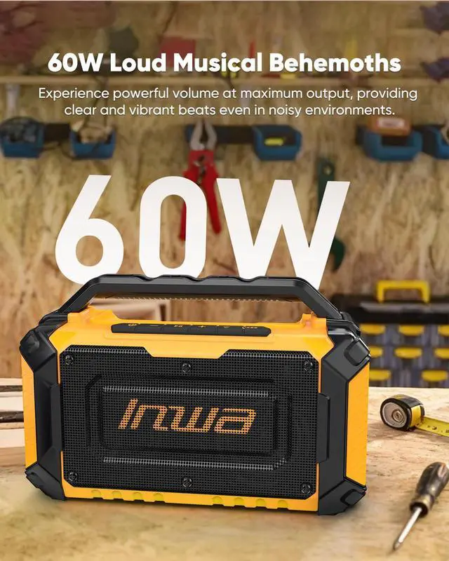 Alt view image 2 of 7 - Jobsite Bluetooth Speakers Compatible with DeWalt 20V/FLEXVOLT & Milwaukee M18 Battery, 60W Portable Outdoor Wireless Boombox w/Bass, RGB Lights, Loud Speaker for Worksite/Workshop/Garage(Golden)