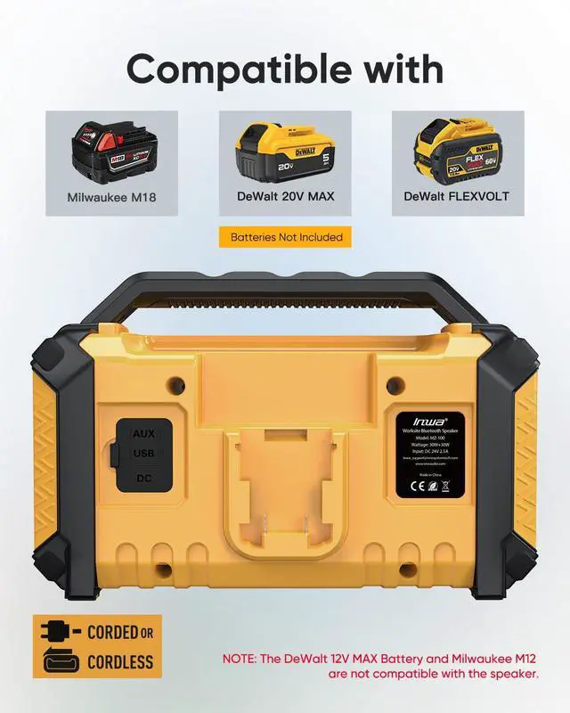 Alt view image 3 of 7 - Jobsite Bluetooth Speakers Compatible with DeWalt 20V/FLEXVOLT & Milwaukee M18 Battery, 60W Portable Outdoor Wireless Boombox w/Bass, RGB Lights, Loud Speaker for Worksite/Workshop/Garage(Golden)