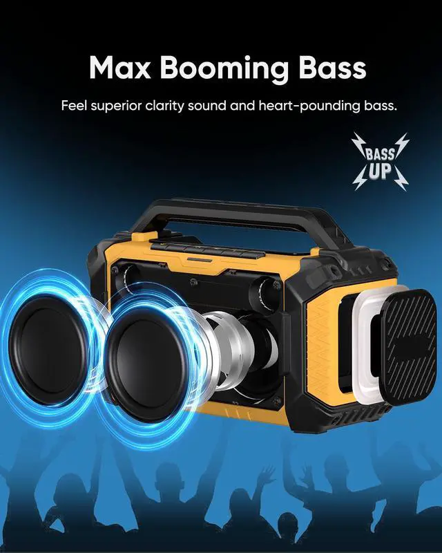 Alt view image 4 of 7 - Jobsite Bluetooth Speakers Compatible with DeWalt 20V/FLEXVOLT & Milwaukee M18 Battery, 60W Portable Outdoor Wireless Boombox w/Bass, RGB Lights, Loud Speaker for Worksite/Workshop/Garage(Golden)