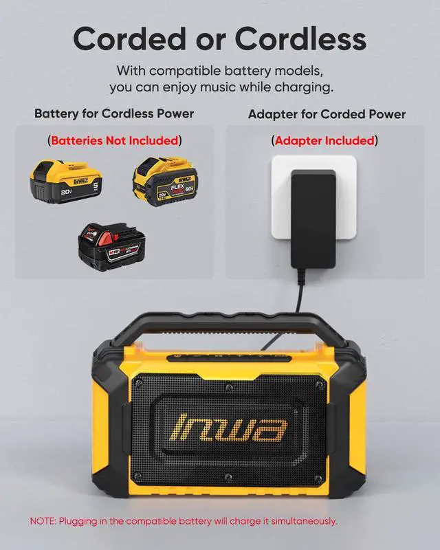Alt view image 6 of 7 - Jobsite Bluetooth Speakers Compatible with DeWalt 20V/FLEXVOLT & Milwaukee M18 Battery, 60W Portable Outdoor Wireless Boombox w/Bass, RGB Lights, Loud Speaker for Worksite/Workshop/Garage(Golden)