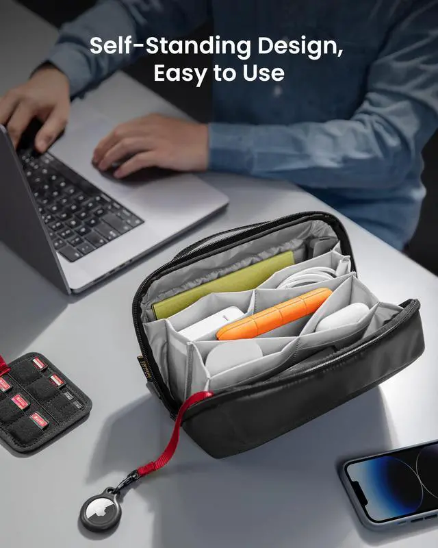 Alt view image 4 of 7 - Electronic Organizer Accessory Pouch for MacBook Charger, Cables, Power Bank, Hard Drive, Cords, Water-resistant Storage Bag with Removable Card Slots for USB Adapter, Memory Card, Black