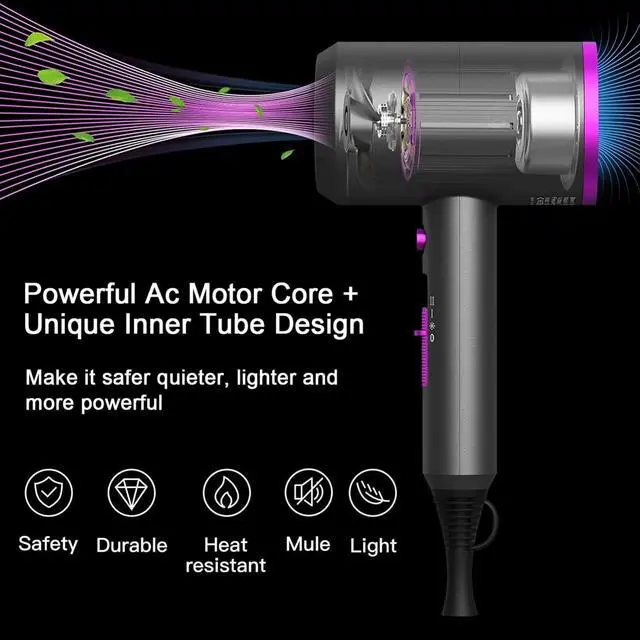 Alt view image 2 of 7 - Professional Ionic Hair Dryer, Powerful 1800W Fast Drying Low Noise Blow Dryer with 2 Concentrator Nozzle 1 Diffuser Attachments for Home Salon Travel