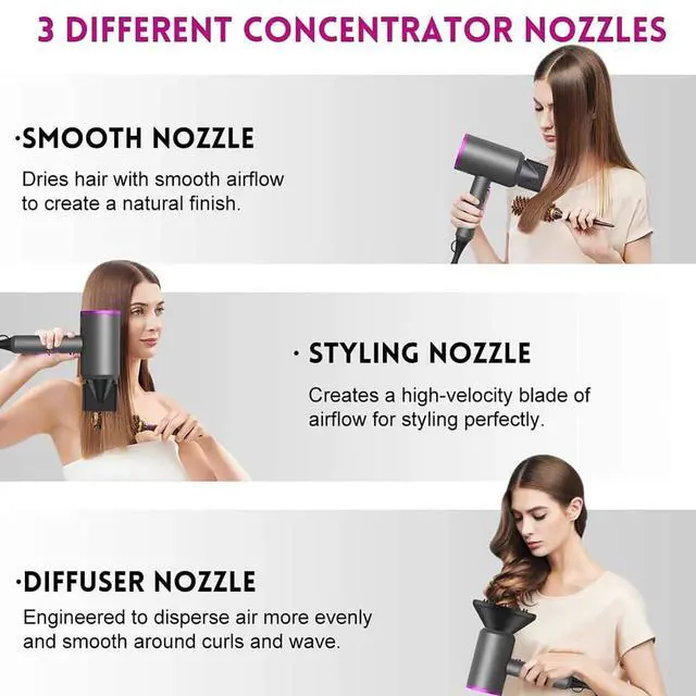 Alt view image 5 of 7 - Professional Ionic Hair Dryer, Powerful 1800W Fast Drying Low Noise Blow Dryer with 2 Concentrator Nozzle 1 Diffuser Attachments for Home Salon Travel